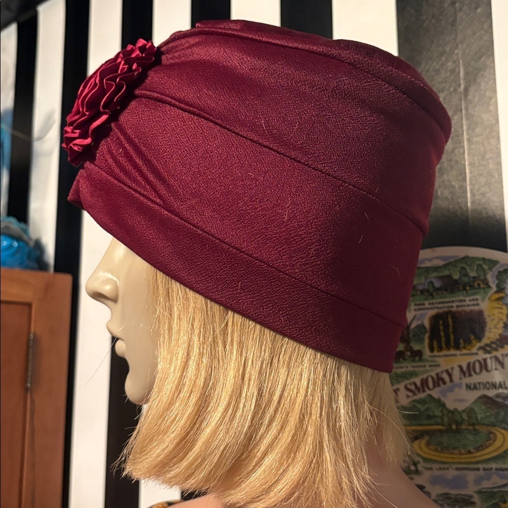 Vintage 1970s Burgundy Turban with Floral Accent - Picture 2 of 15